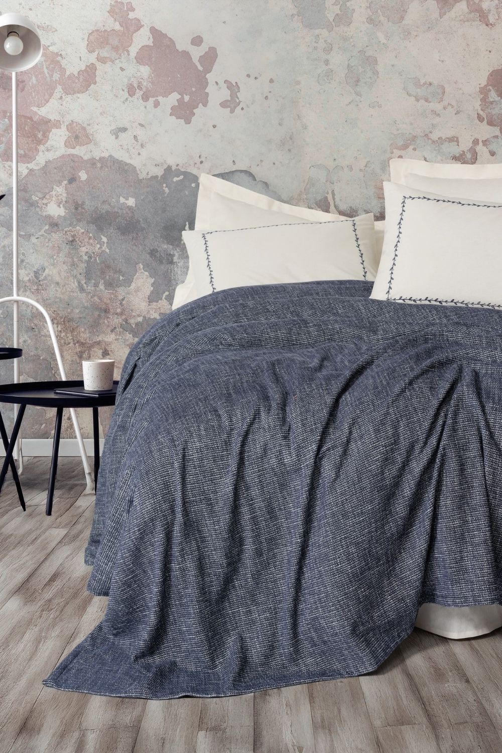 Cotton Box-Embrova Şönil Çift Kişilik Yatak Örtüsü/Pike Takımı Loom Lacivert-Nevresim Takımı-1-Milagron.com