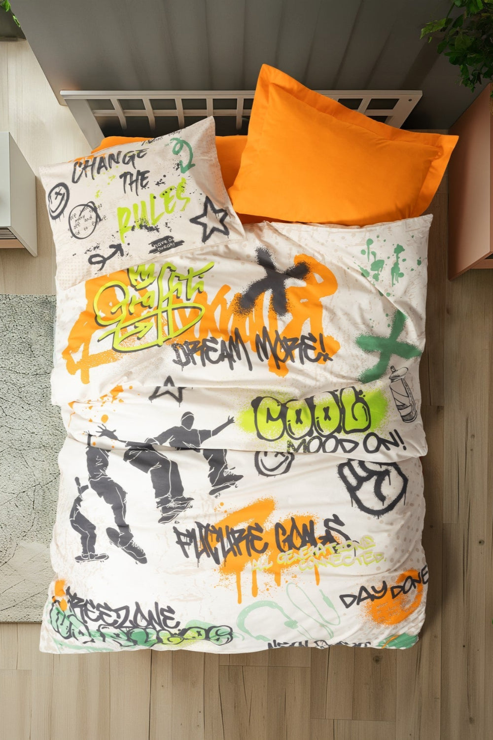 Cotton Box-Cotton Box Genç Odası Tek Kişilik Nevresim Takımı Graffiti Oranj-Tek Kişilik Nevresim Takımı-1-Milagron.com