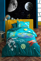 Cotton Box-Cotton Box Junior Tek Kişilik Lastikli çarşaflı Nevresim Takımı Little Astronaut Turkuaz-Tek Kişilik Nevresim Takımı-1-Milagron.com