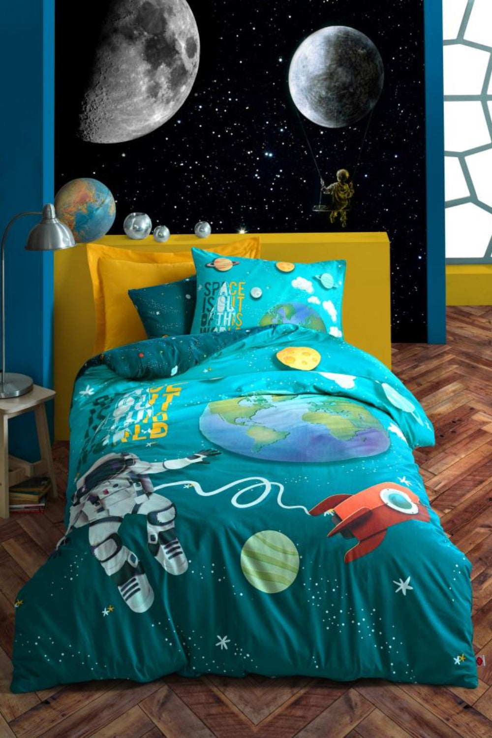 Cotton Box-Cotton Box Junior Tek Kişilik Nevresim Takımı Little Astronaut Turkuaz-Tek Kişilik Nevresim Takımı-1-Milagron.com