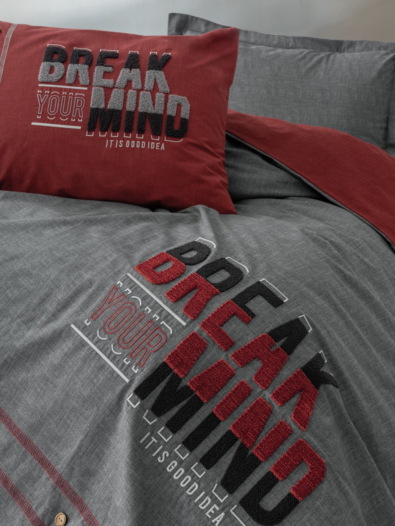 Cotton Box Mood Nakışlı Ranforce Tek Kişilik Nevresim Takımı Fracto Bordo