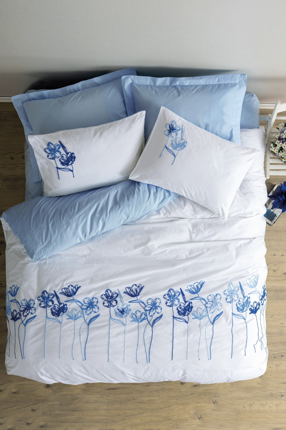 Cotton Box-Nakışlı Ranforce Çift Kişilik Nevresim Takımı Onella Mavi-Nevresim Takımı-1-Milagron.com