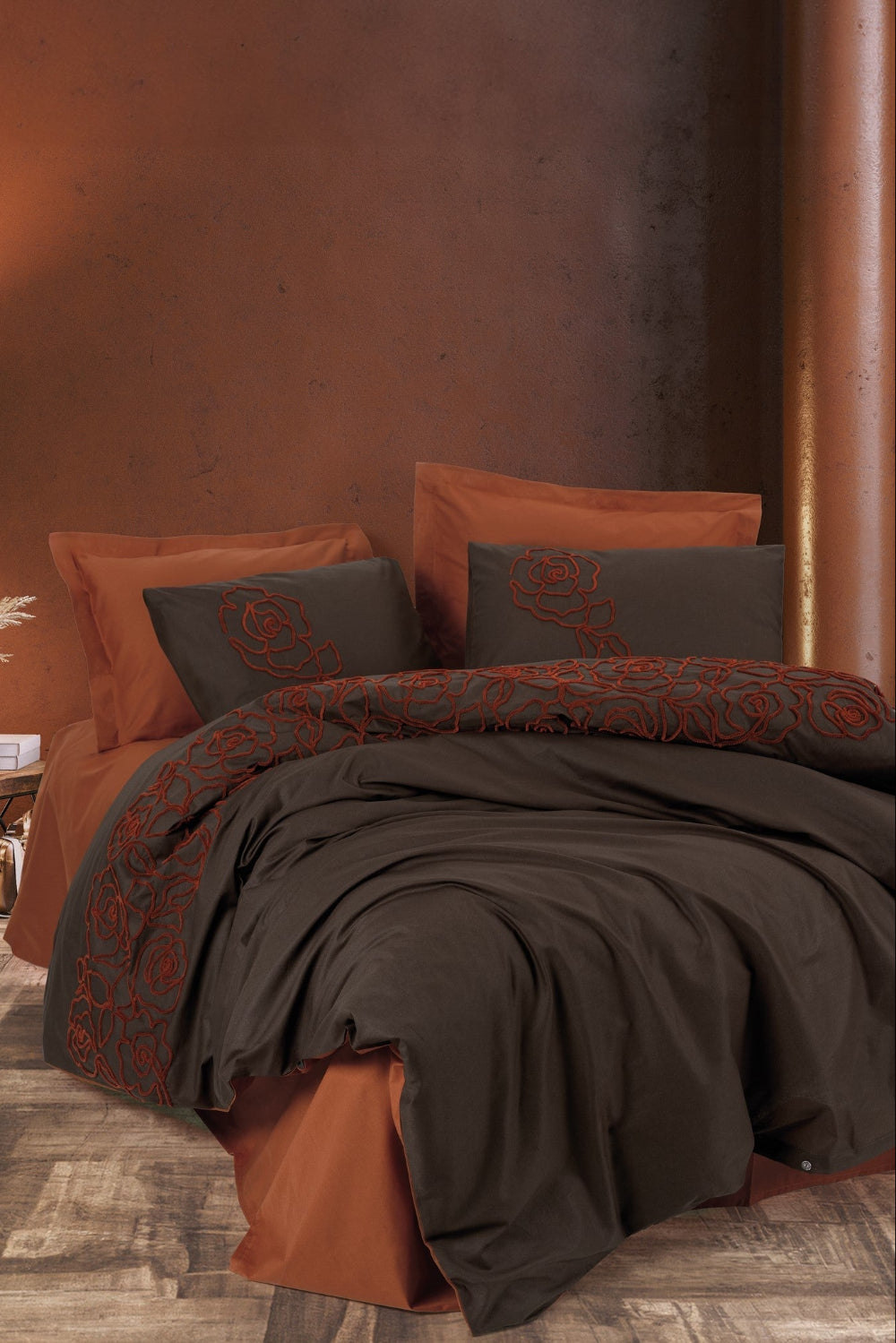 Cotton Box-Nakışlı Ranforce Çift Kişilik Nevresim Takımı Rosen Kiremit-Nevresim Takımı-1-Milagron.com