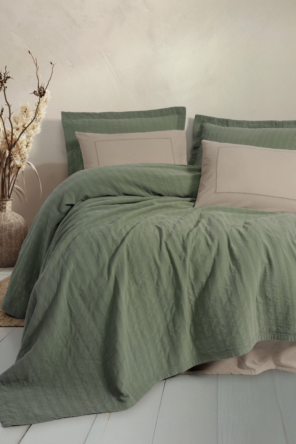 Cotton Box-Cotton Box Natura çift Kişilik Yatak örtüsü/Pike Takımı Vilo Yeşil-Pikeli Nevresim Takımı-1-Milagron.com