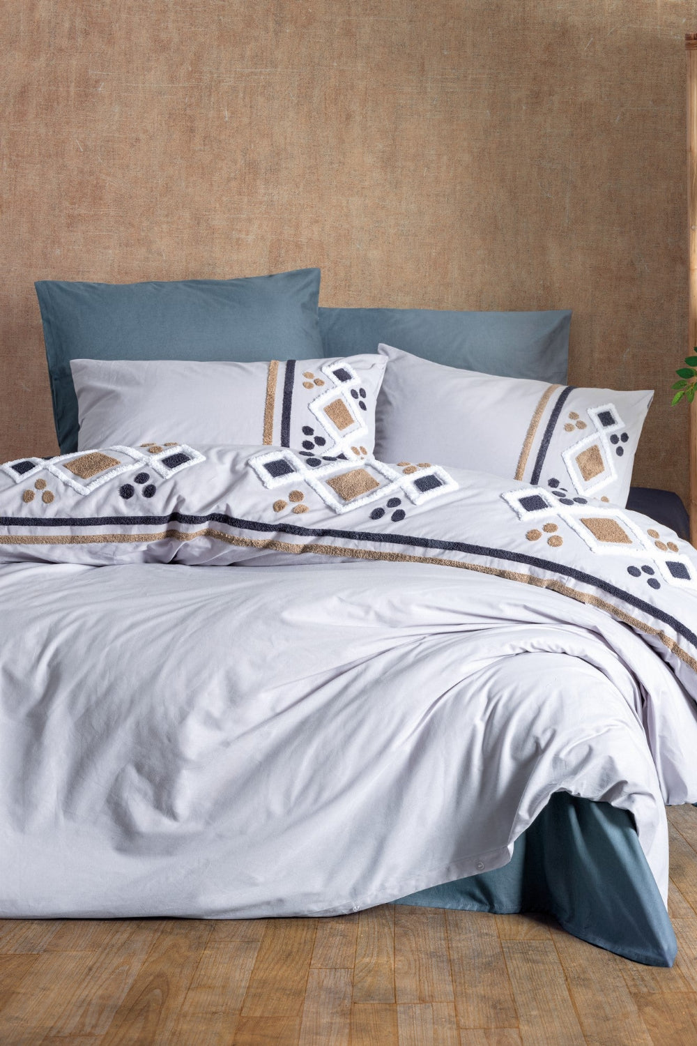 Cotton Box-Cotton Box Puff Nakışlı çift Kişilik Nevresim Takımı Stesso Gri-Çift Kişilik Nevresim Takımı-1-Milagron.com