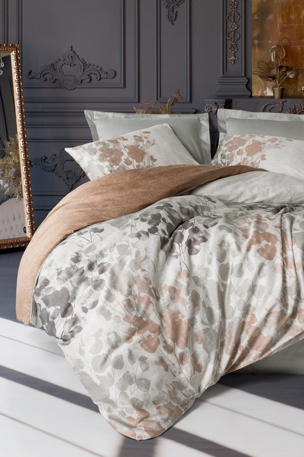 Cotton Box-Saten Çift Kişilik Nevresim Takımı Blatt Gri-Nevresim Takımı-1-Milagron.com