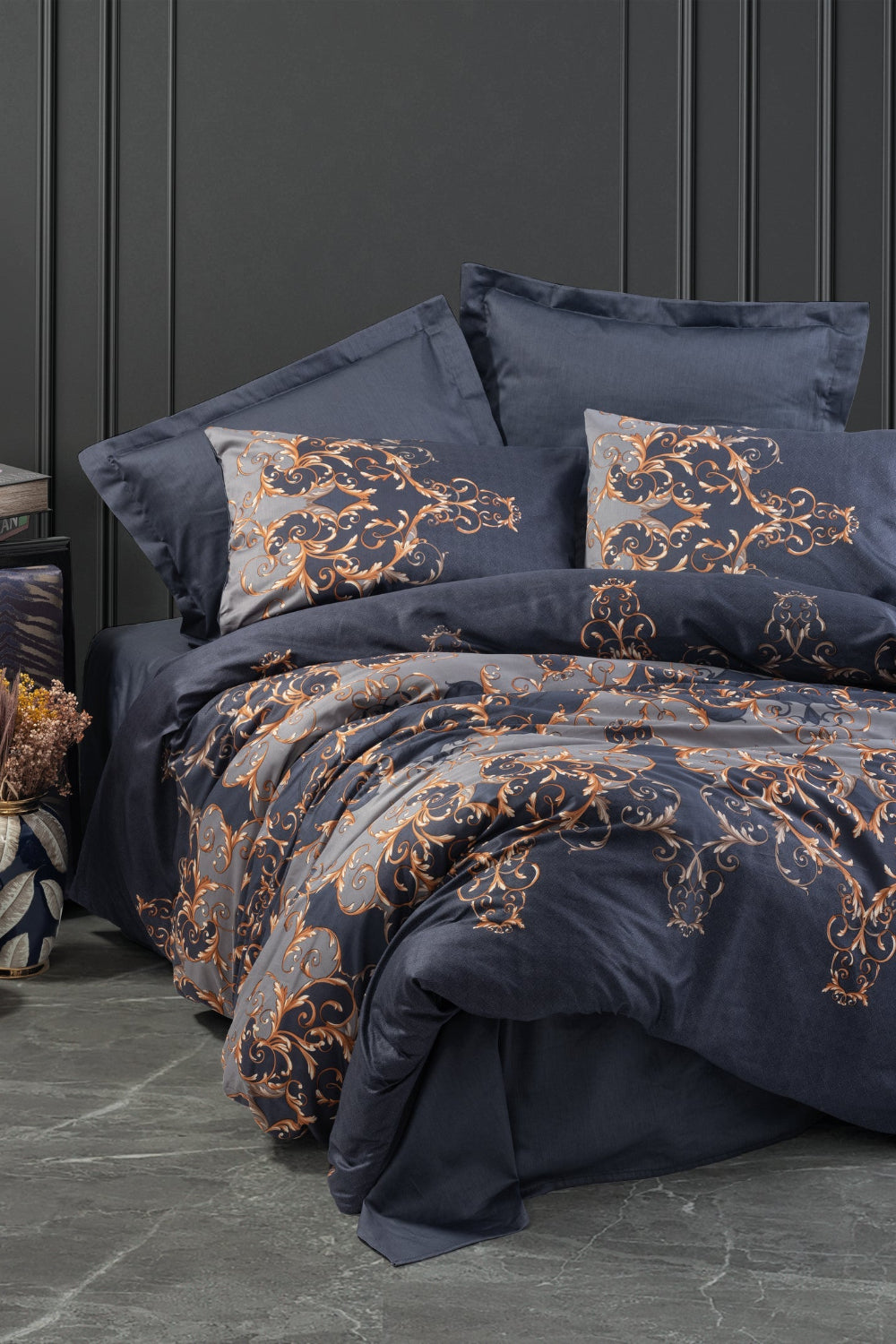 Cotton Box-Saten Çift Kişilik Nevresim Takımı Sarina Lacivert-Nevresim Takımı-1-Milagron.com