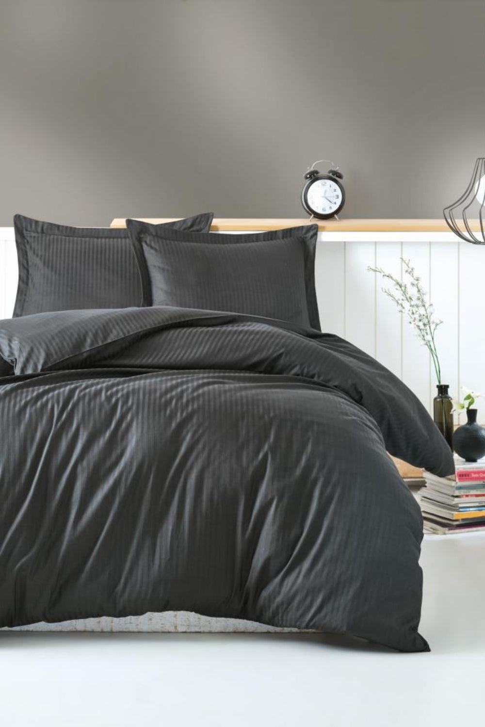 Cotton Box-Stripe Saten Çift Kişilik Nevresim Takımı Antrasit-Nevresim Takımı-1-Milagron.com