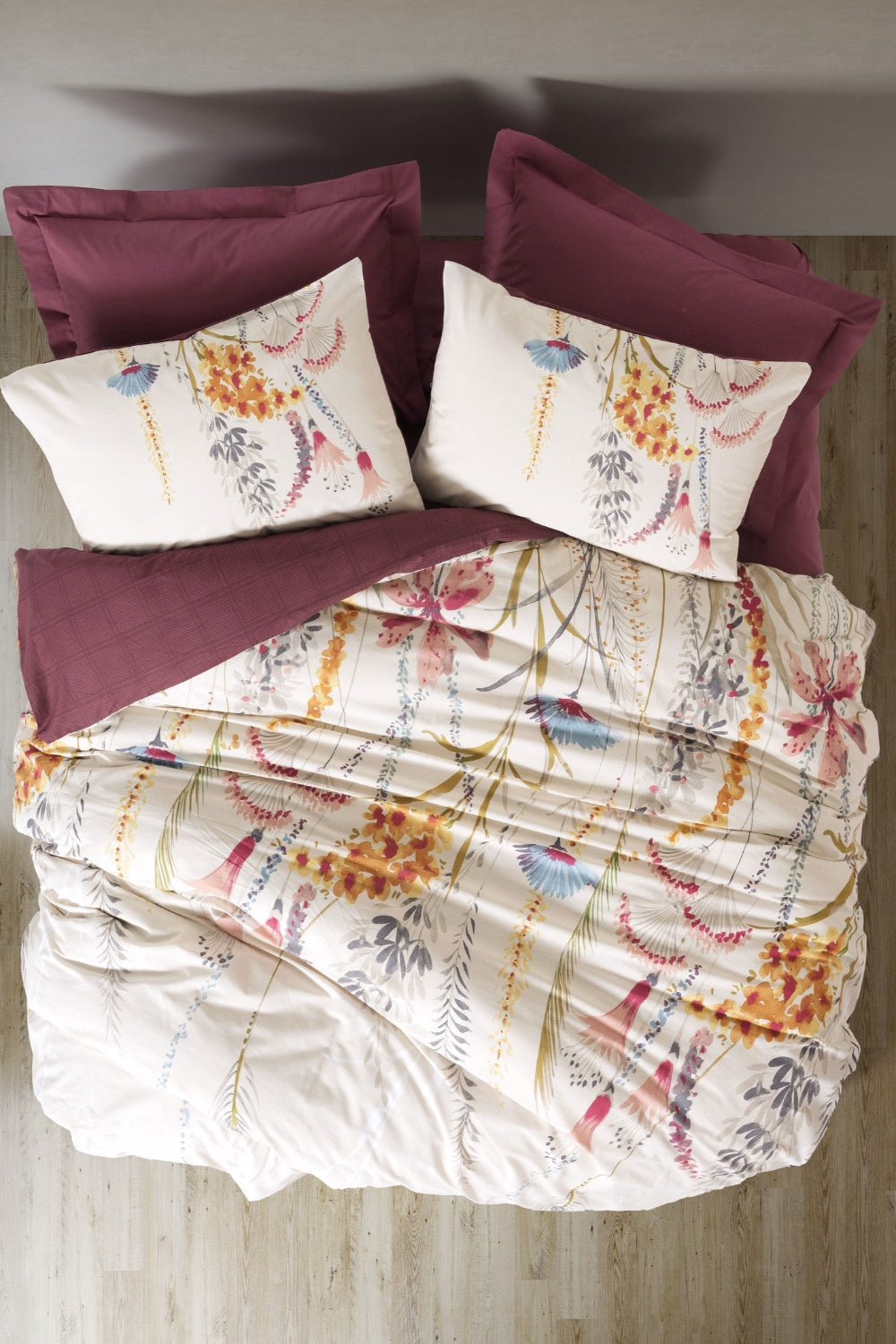 Cotton Box-Cotton Box Tek Kişilik Nevresim Takımı Flos Bordo-Tek Kişilik Nevresim Takımı-1-Milagron.com