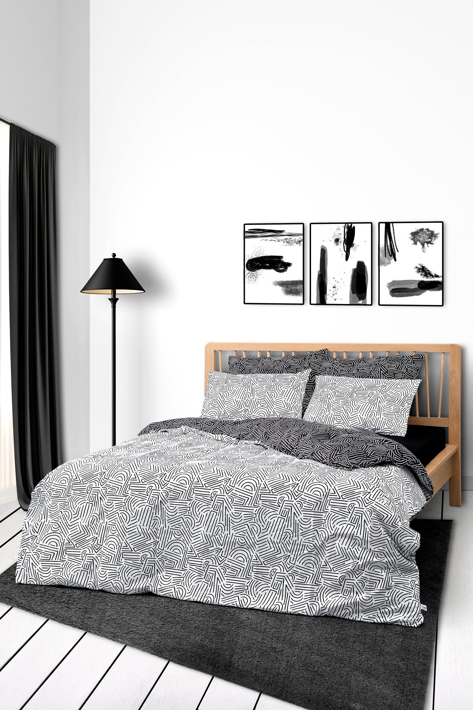 Cozy Home Mono Çift Kişilik Lastikli Çarşaflı Nevresim Takımı Maze Siyah