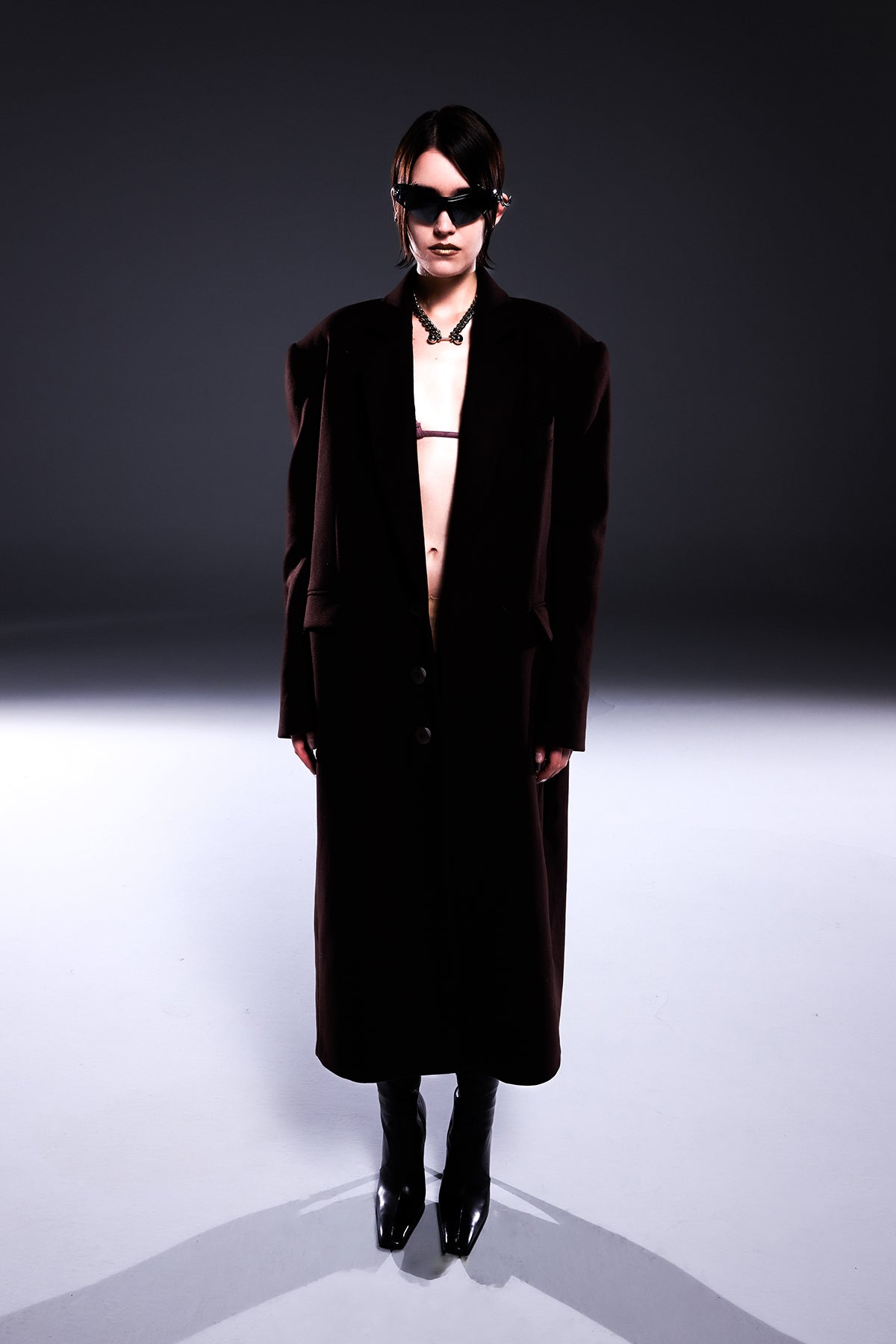 Death Is Easy-Chocolate Brown Oversize Coat With Shoulder Pads-Kaban-1-Milagron.com