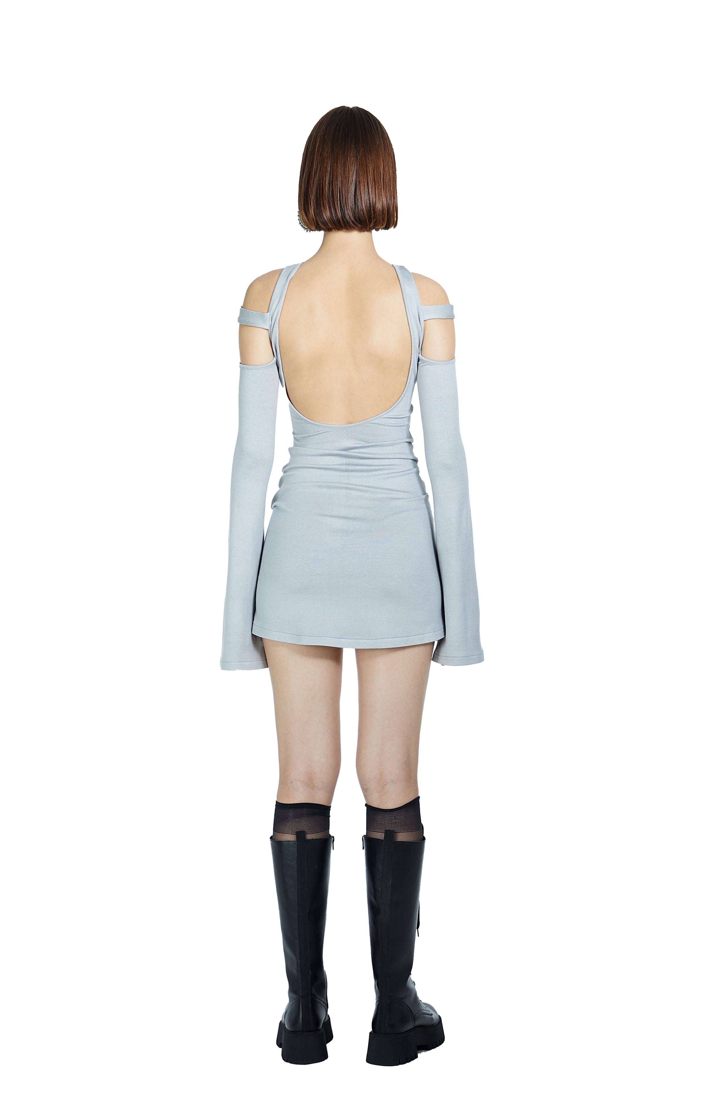 Death Is Easy-Knitted Grey Mini Backless Dress-Elbise-2-Milagron.com