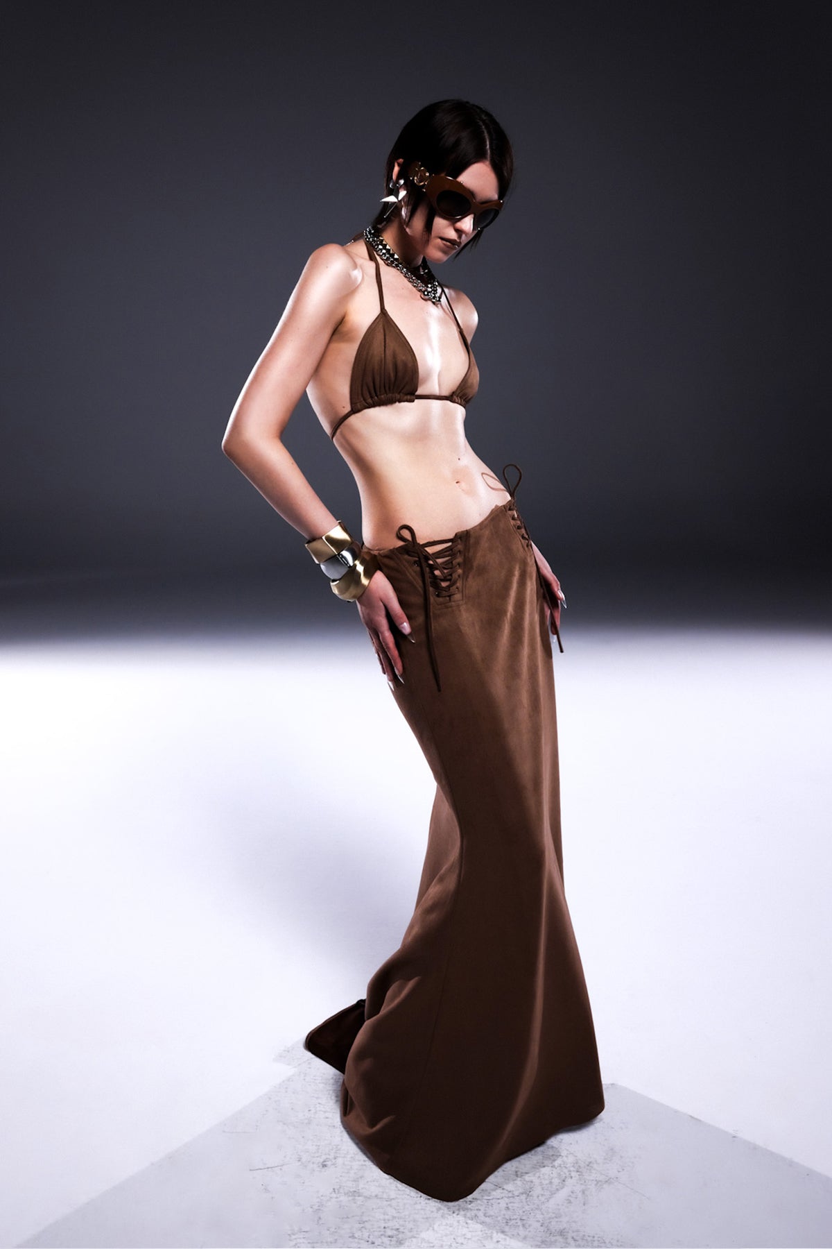 Death Is Easy-Taupe Brown Suede Maxi Skirt-Etek-1-Milagron.com