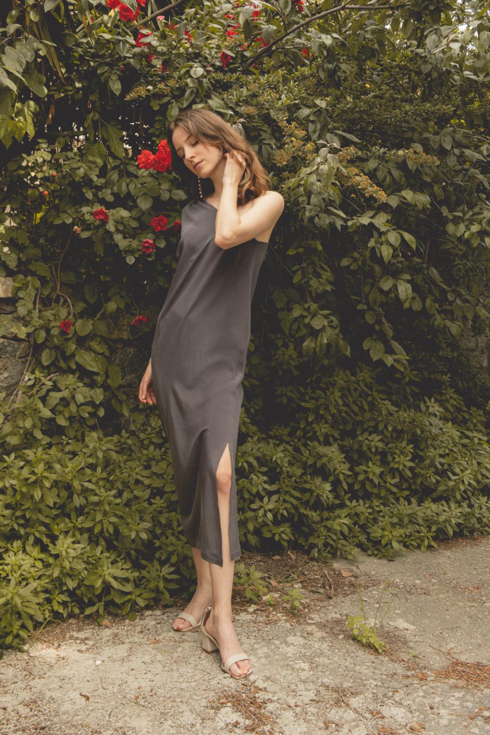 Delicate-Gri İpek Elbise-Elbise-6-Milagron.com