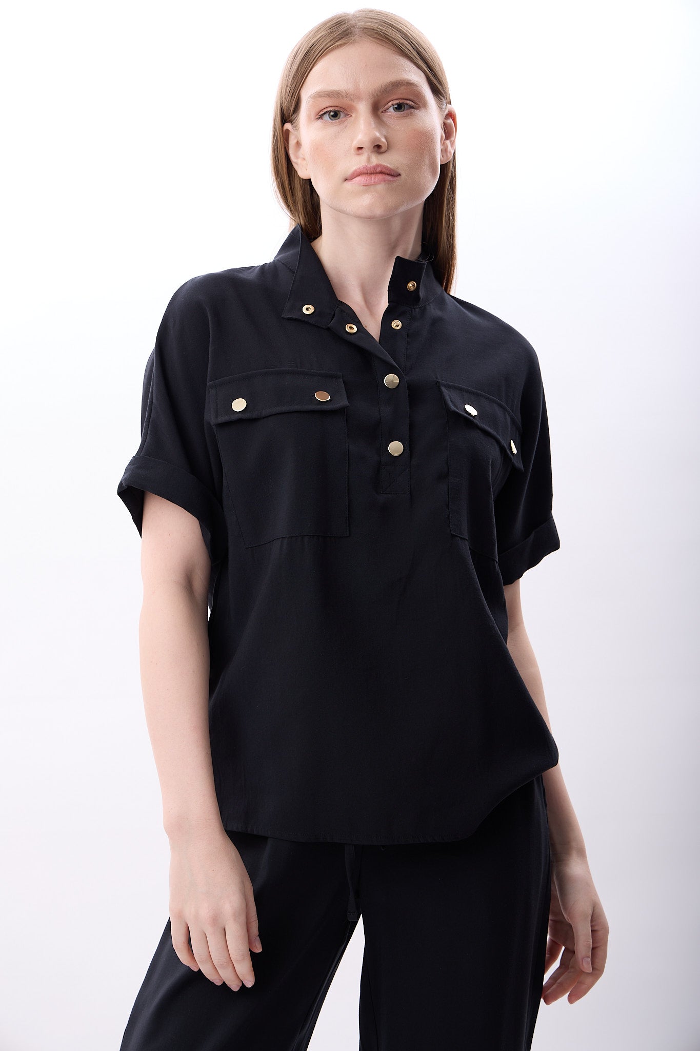 Diagonal-Açık Yaka Metal Düğmeli Gömlek-,-4-Milagron.com