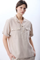 Diagonal-Açık Yaka Metal Düğmeli Gömlek-Gömlek-1-Milagron.com