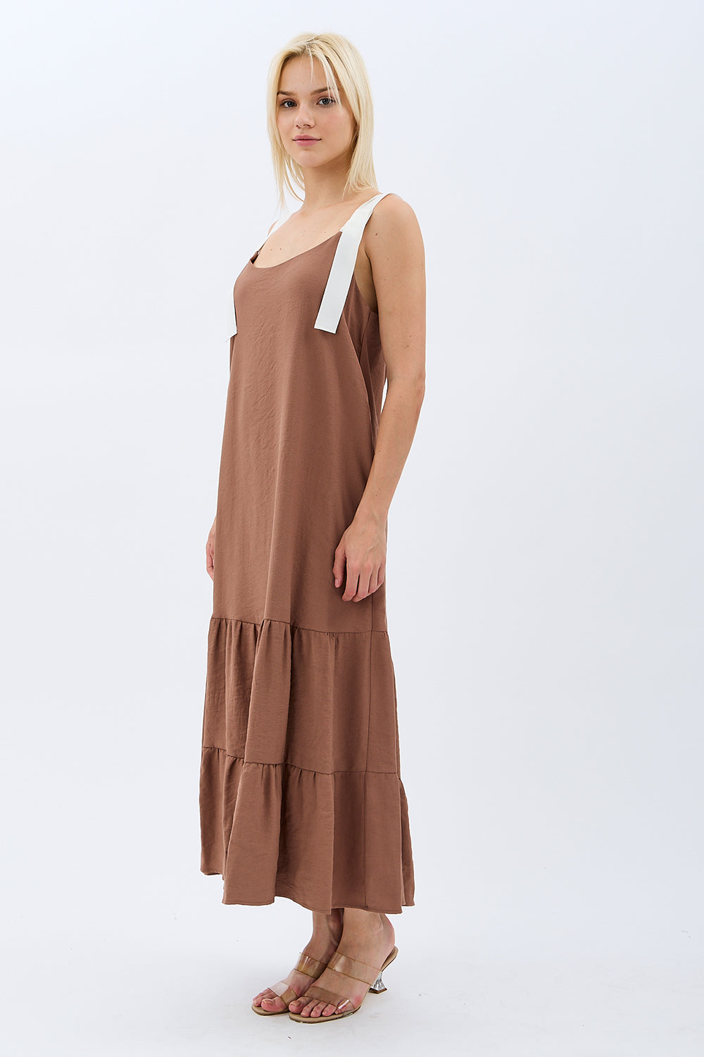 Diagonal-Askılı Maxi Boy Salaş Elbise (Kahverengi)-ELBİSE-8-Milagron.com