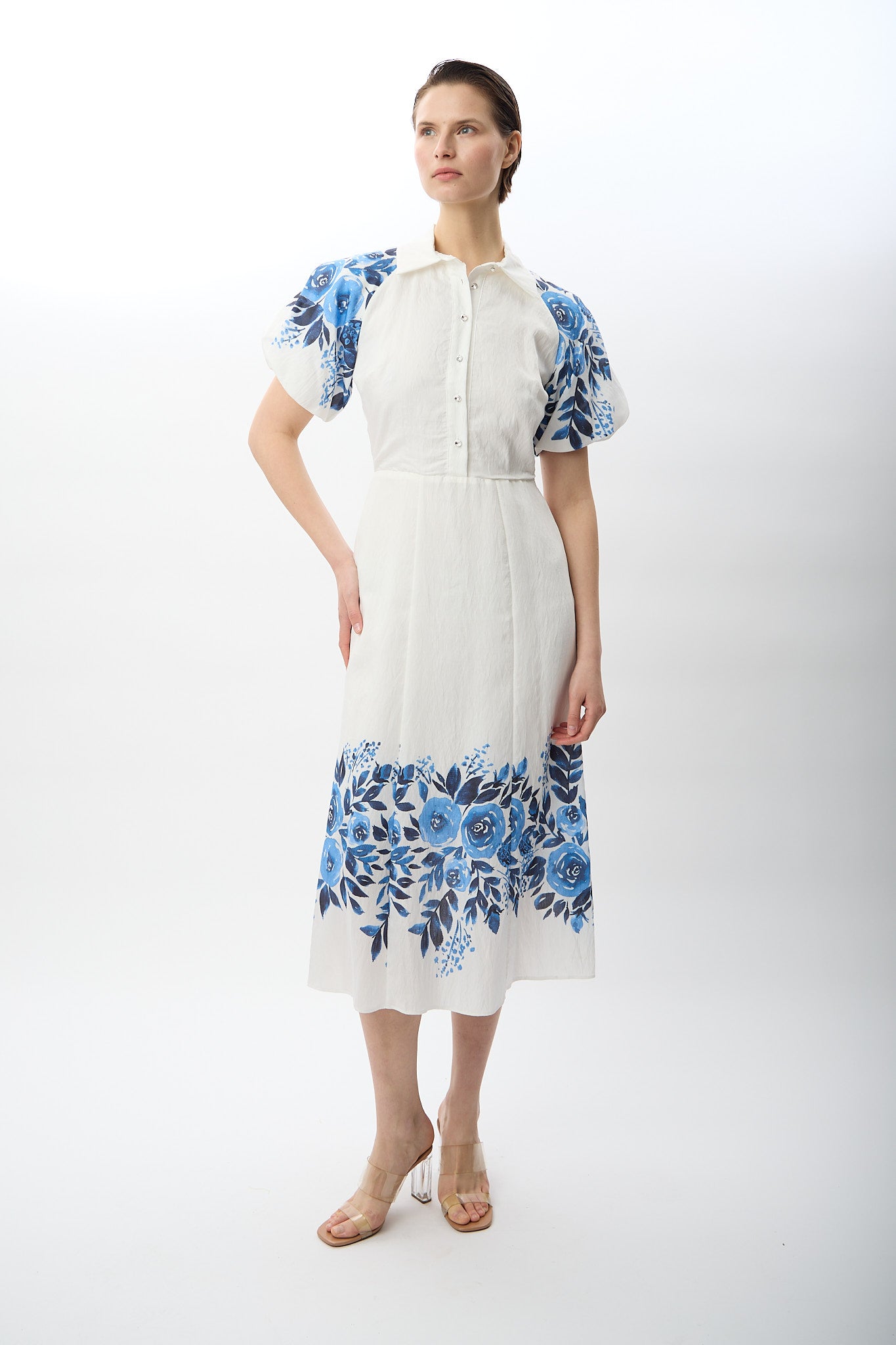 Diagonal-Balon Kollu Desenli Maksi Elbise-,-2-Milagron.com