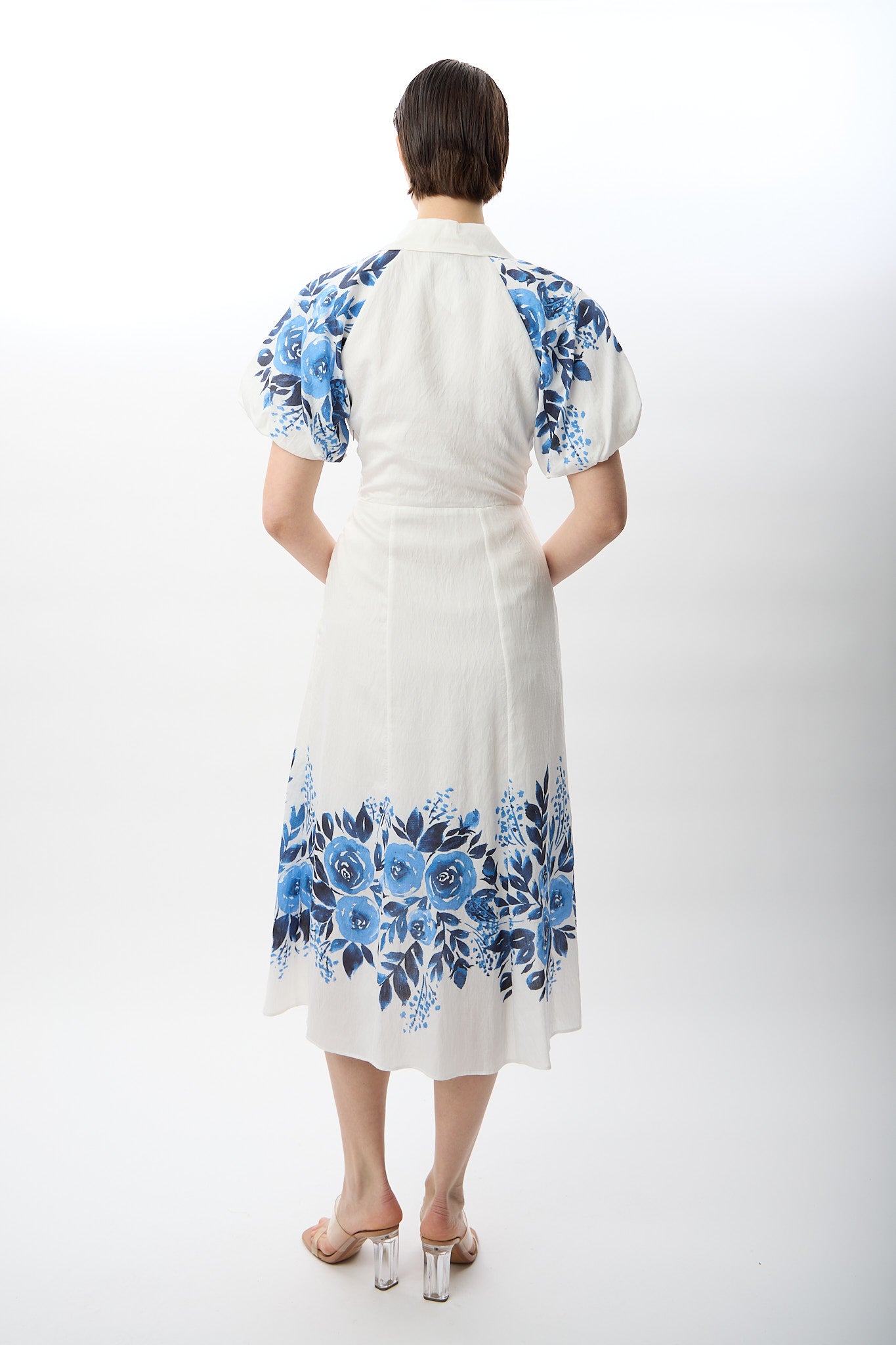 Diagonal-Balon Kollu Desenli Maksi Elbise-,-5-Milagron.com