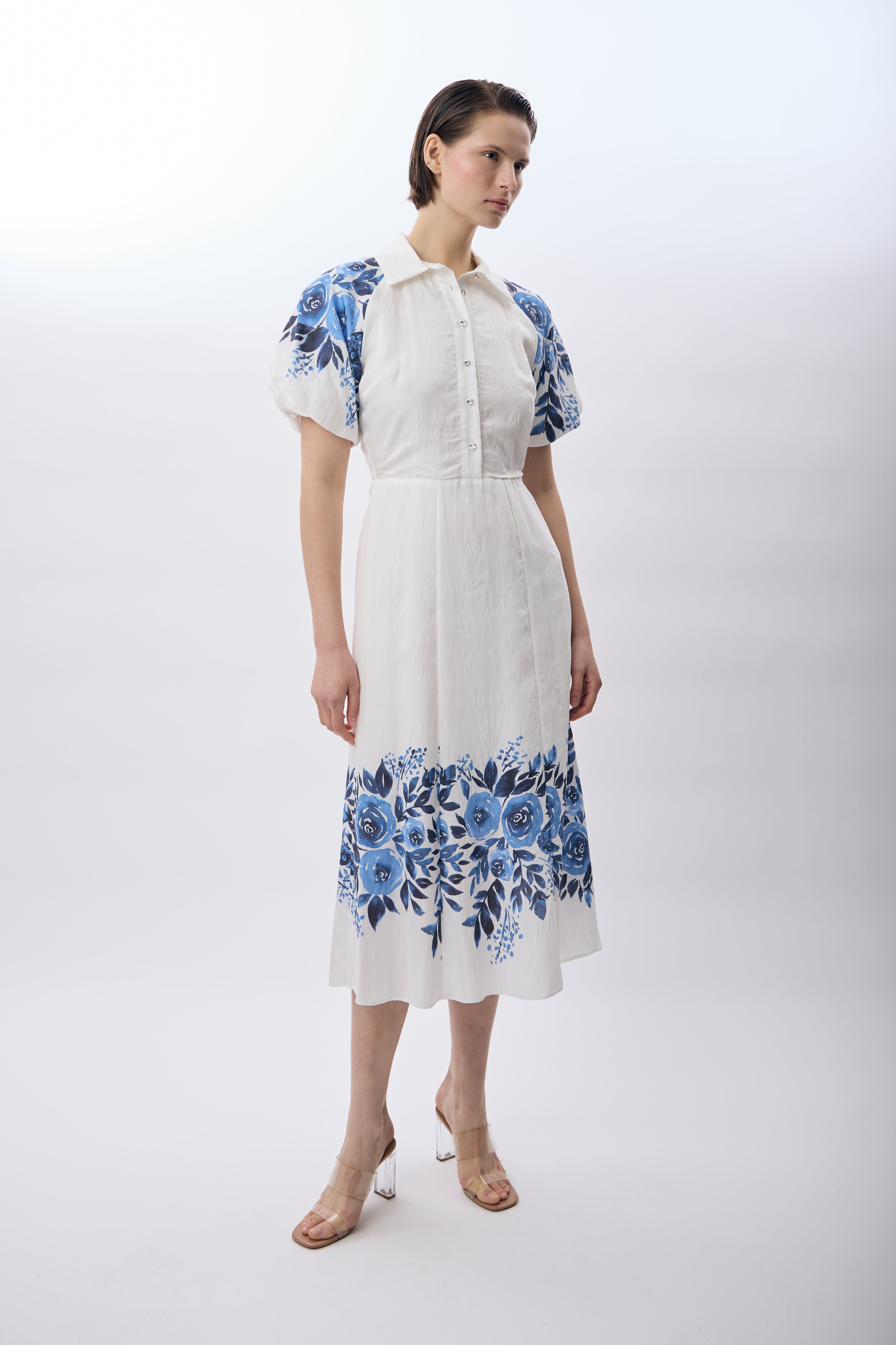 Diagonal-Balon Kollu Desenli Maksi Elbise (Ekru)-ELBİSE-2-Milagron.com