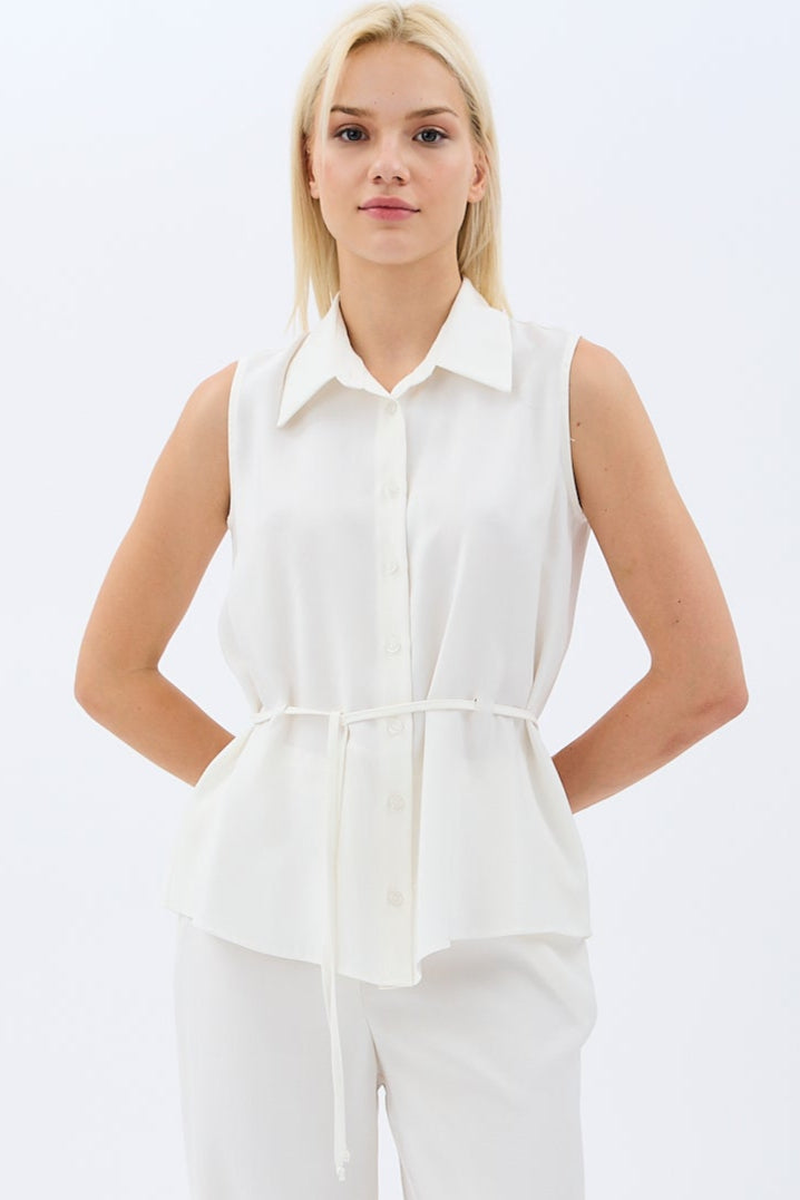 Diagonal-Bel Bağcıklı Kolsuz Gömlek Yaka Bluz-Gömlek-1-Milagron.com