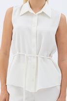 Diagonal-Bel Bağcıklı Kolsuz Gömlek Yaka Bluz-Gömlek-4-Milagron.com