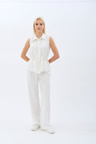 Diagonal-Bel Bağcıklı Kolsuz Gömlek Yaka Bluz-Gömlek-7-Milagron.com