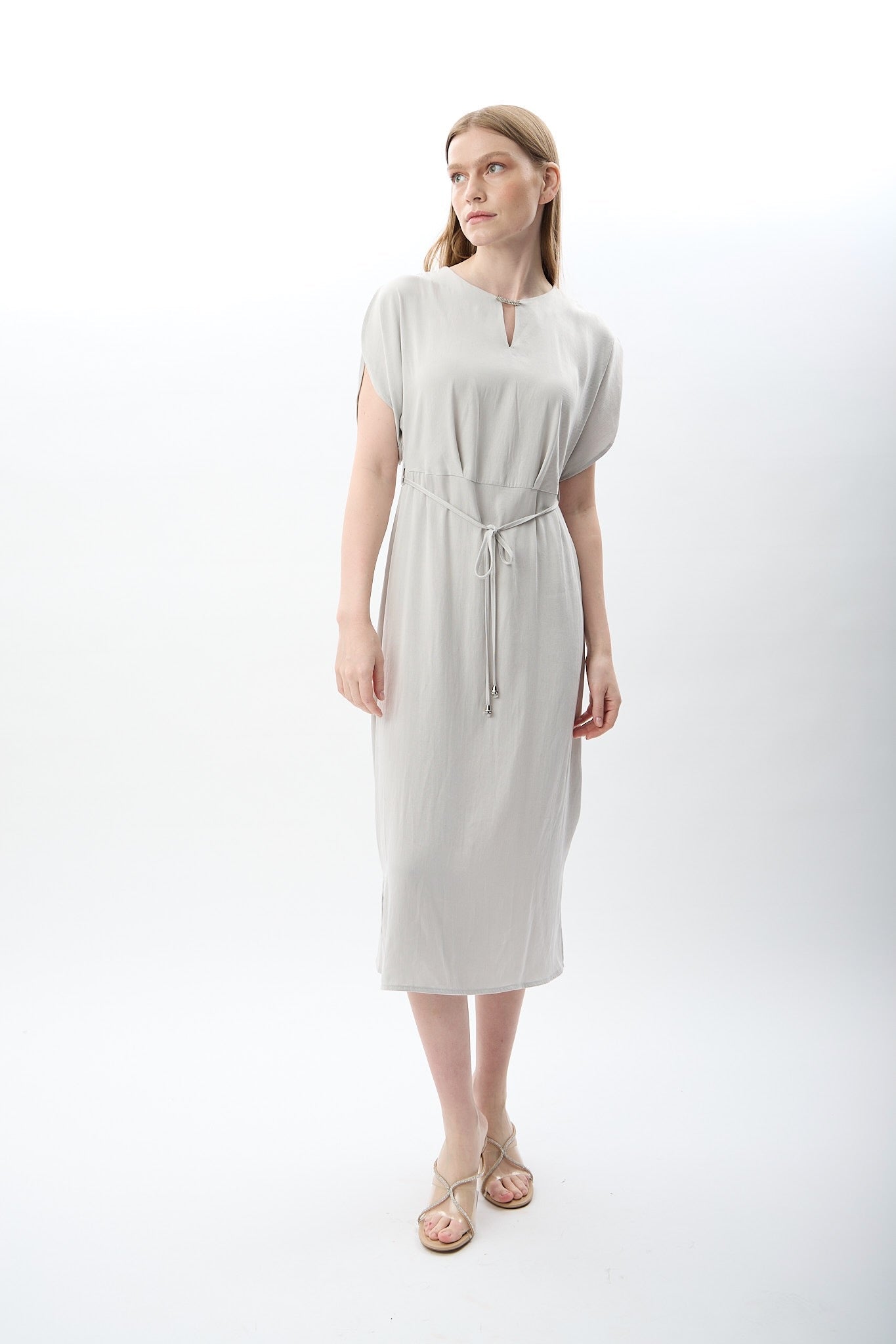 Diagonal-Belden Bağlamalı Yırtmaçlı Elbise (Gri)-ELBİSE-1-Milagron.com