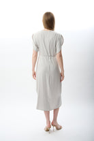 Diagonal-Belden Bağlamalı Yırtmaçlı Elbise (Gri)-ELBİSE-10-Milagron.com