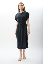 Diagonal-Belden Bağlamalı Yırtmaçlı Elbise (Lacivert)-ELBİSE-1-Milagron.com