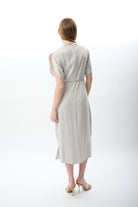 Diagonal-Belden Bağlamalı Yırtmaçlı Elbise (Gri)-ELBİSE-3-Milagron.com