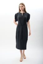 Diagonal-Belden Bağlamalı Yırtmaçlı Elbise (Lacivert)-ELBİSE-3-Milagron.com