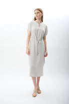 Diagonal-Belden Bağlamalı Yırtmaçlı Elbise (Gri)-ELBİSE-4-Milagron.com