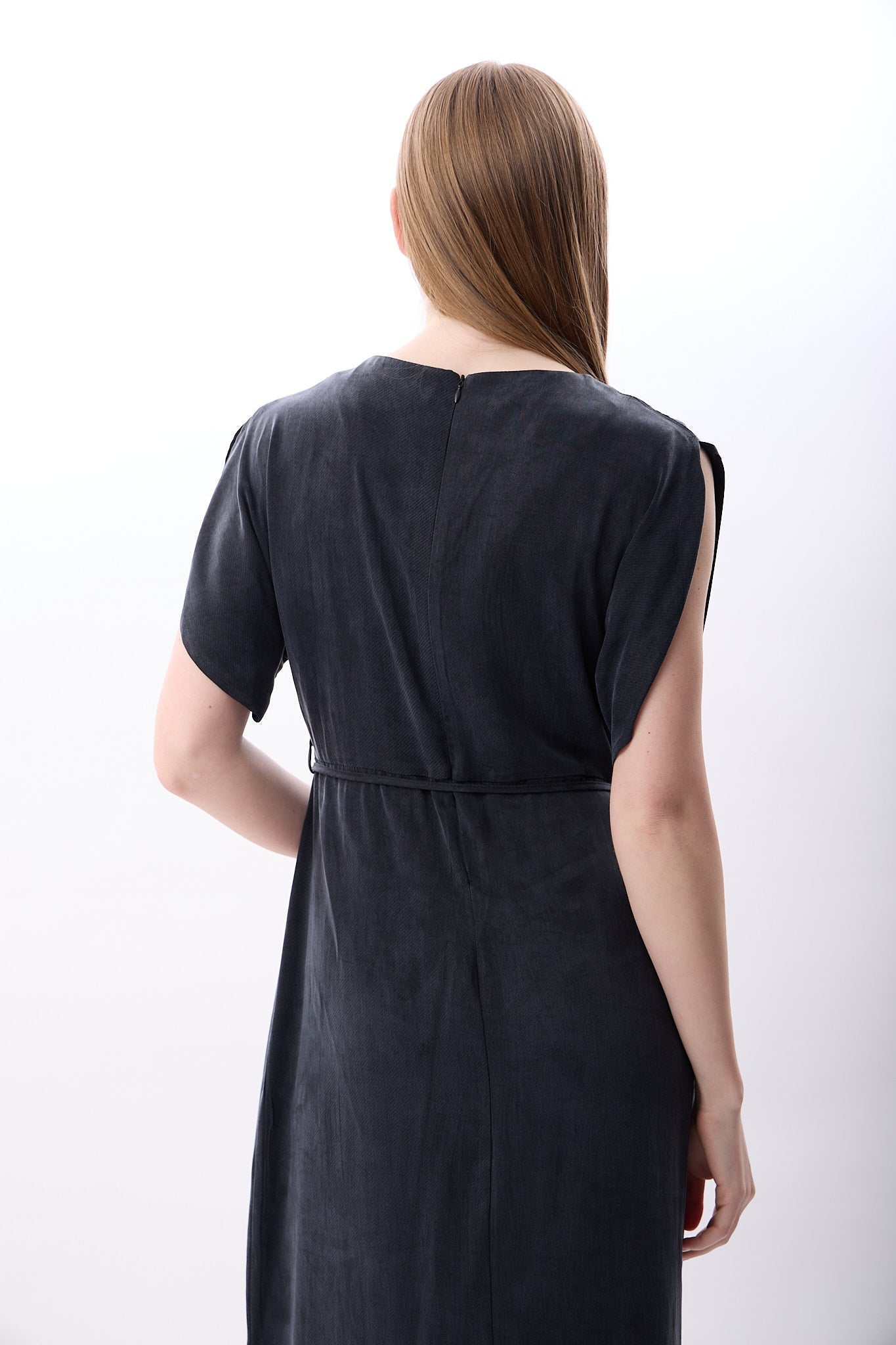 Diagonal-Belden Bağlamalı Yırtmaçlı Elbise (Lacivert)-ELBİSE-4-Milagron.com