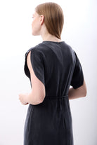 Diagonal-Belden Bağlamalı Yırtmaçlı Elbise (Lacivert)-ELBİSE-5-Milagron.com