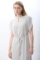 Diagonal-Belden Bağlamalı Yırtmaçlı Elbise (Gri)-ELBİSE-6-Milagron.com