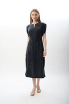 Diagonal-Belden Bağlamalı Yırtmaçlı Elbise (Lacivert)-ELBİSE-6-Milagron.com