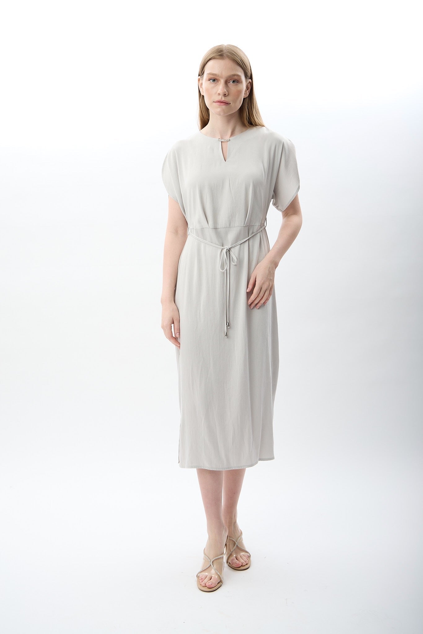 Diagonal-Belden Bağlamalı Yırtmaçlı Elbise (Gri)-ELBİSE-7-Milagron.com