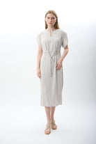 Diagonal-Belden Bağlamalı Yırtmaçlı Elbise (Gri)-ELBİSE-7-Milagron.com