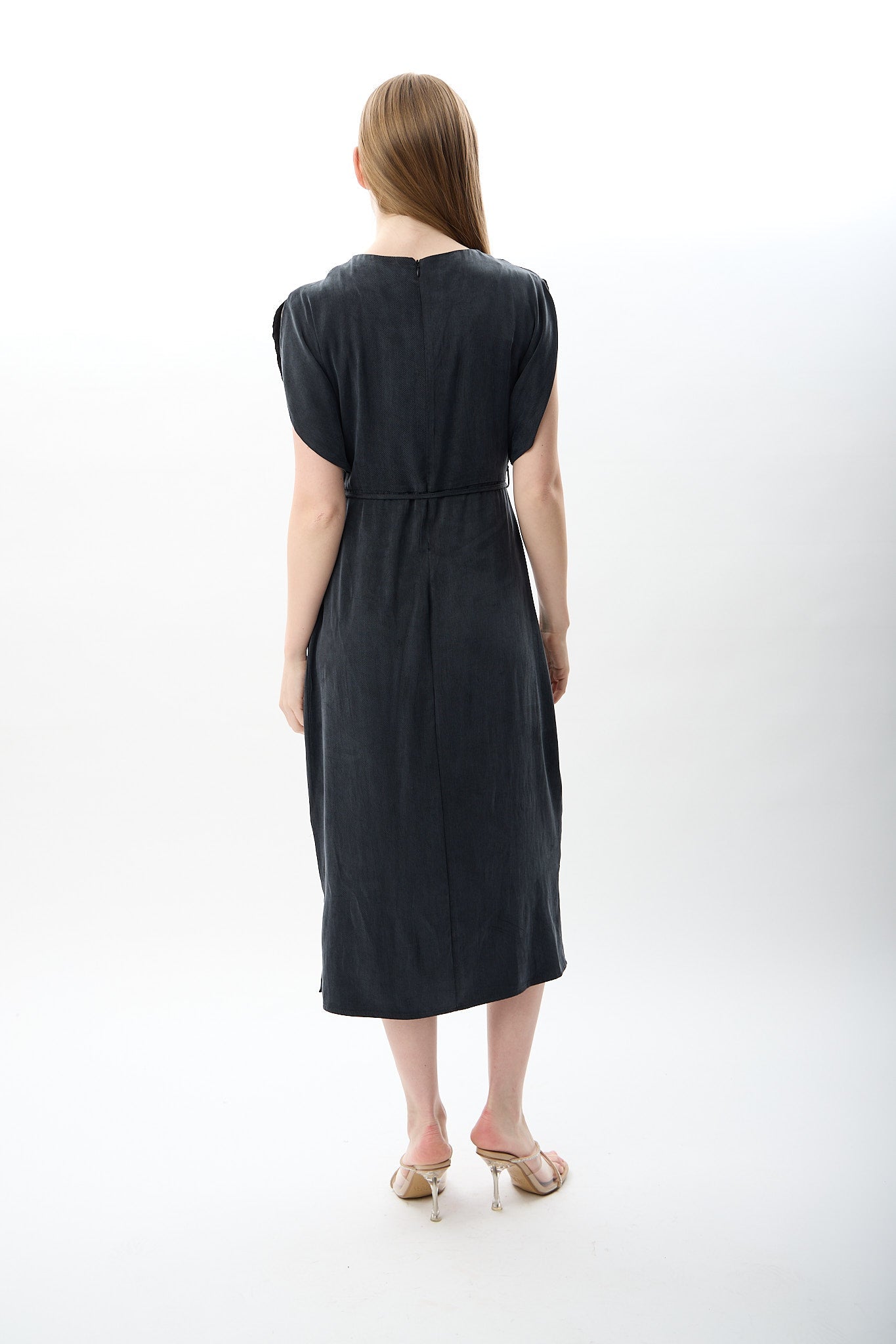 Diagonal-Belden Bağlamalı Yırtmaçlı Elbise (Lacivert)-ELBİSE-7-Milagron.com