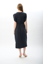 Diagonal-Belden Bağlamalı Yırtmaçlı Elbise (Lacivert)-ELBİSE-7-Milagron.com