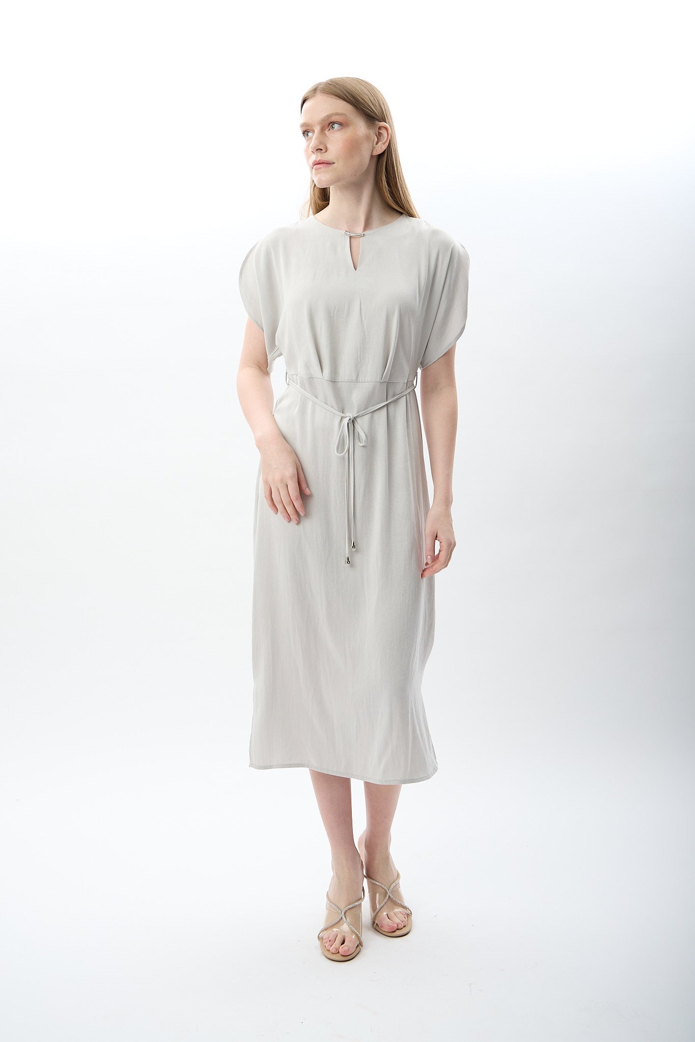 Diagonal-Belden Bağlamalı Yırtmaçlı Elbise (Gri)-ELBİSE-8-Milagron.com