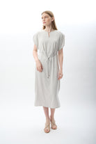 Diagonal-Belden Bağlamalı Yırtmaçlı Elbise (Gri)-ELBİSE-8-Milagron.com