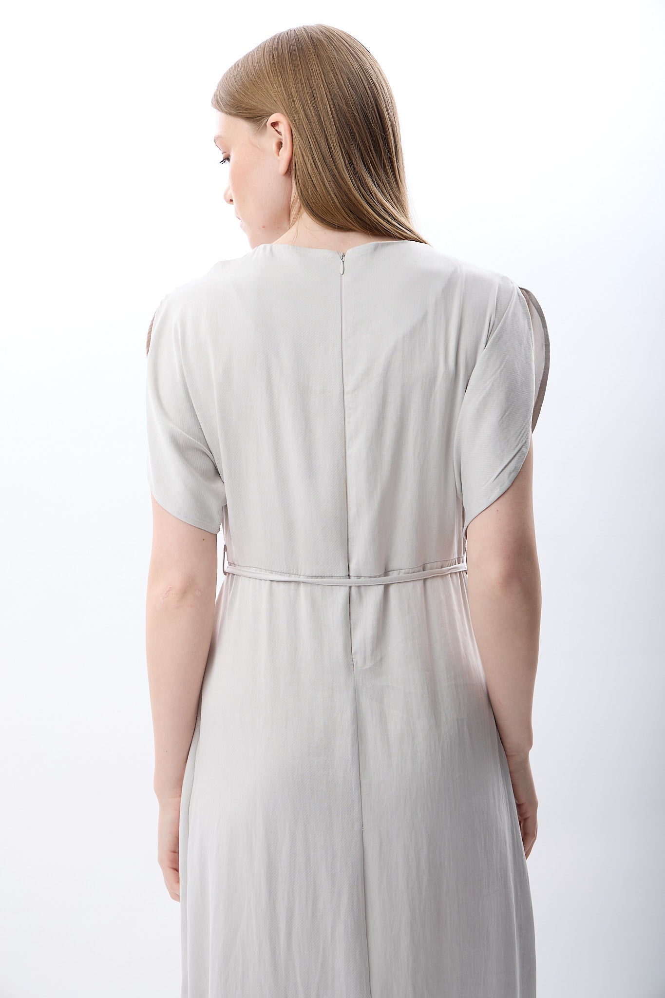 Diagonal-Belden Bağlamalı Yırtmaçlı Elbise (Gri)-ELBİSE-9-Milagron.com