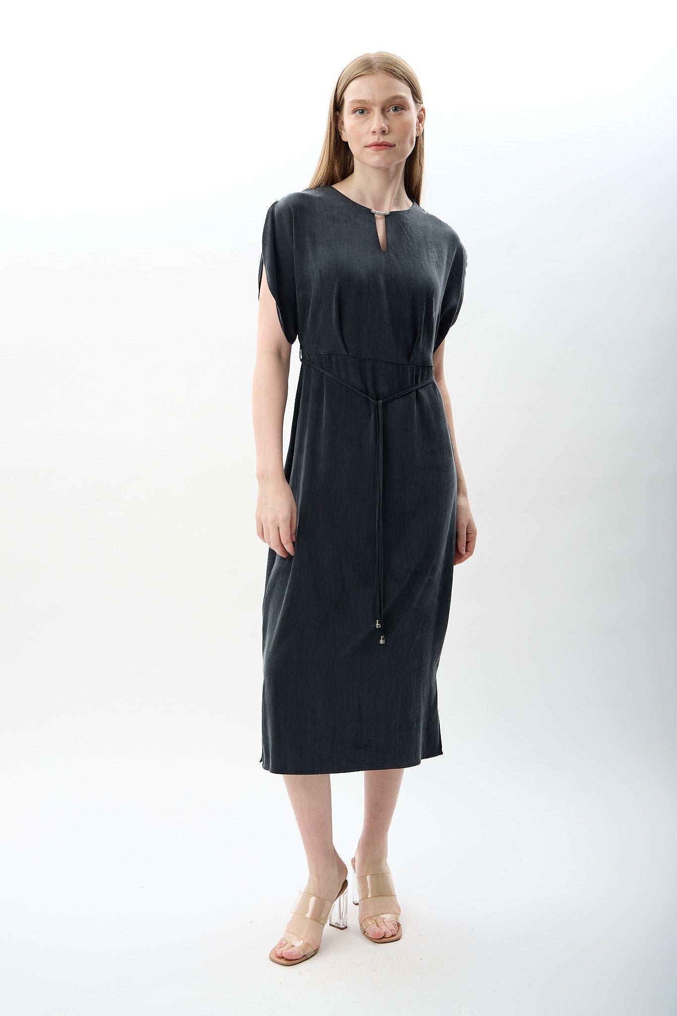 Diagonal-Belden Bağlamalı Yırtmaçlı Elbise (Lacivert)-ELBİSE-9-Milagron.com