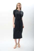 Diagonal-Belden Bağlamalı Yırtmaçlı Elbise (Lacivert)-ELBİSE-9-Milagron.com