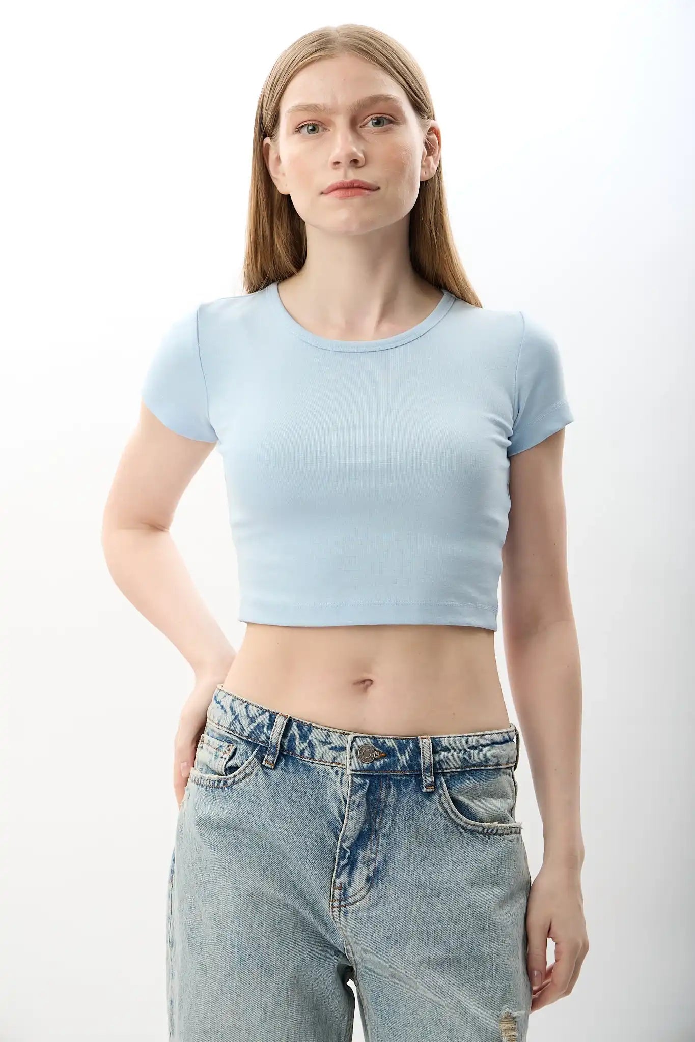 Bisiklet Yaka Crop Tişört (Mavi)