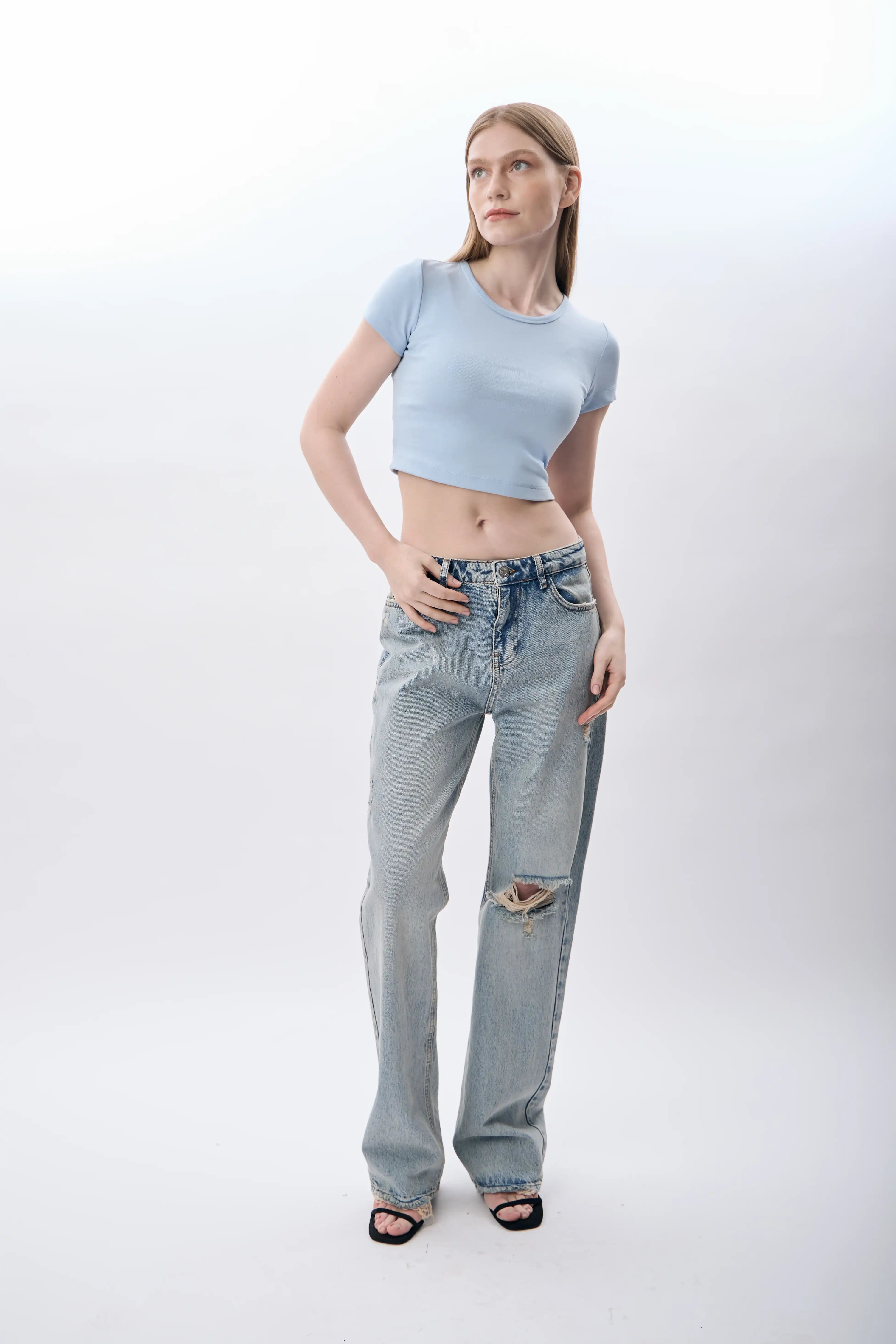 Bisiklet Yaka Crop Tişört (Mavi)