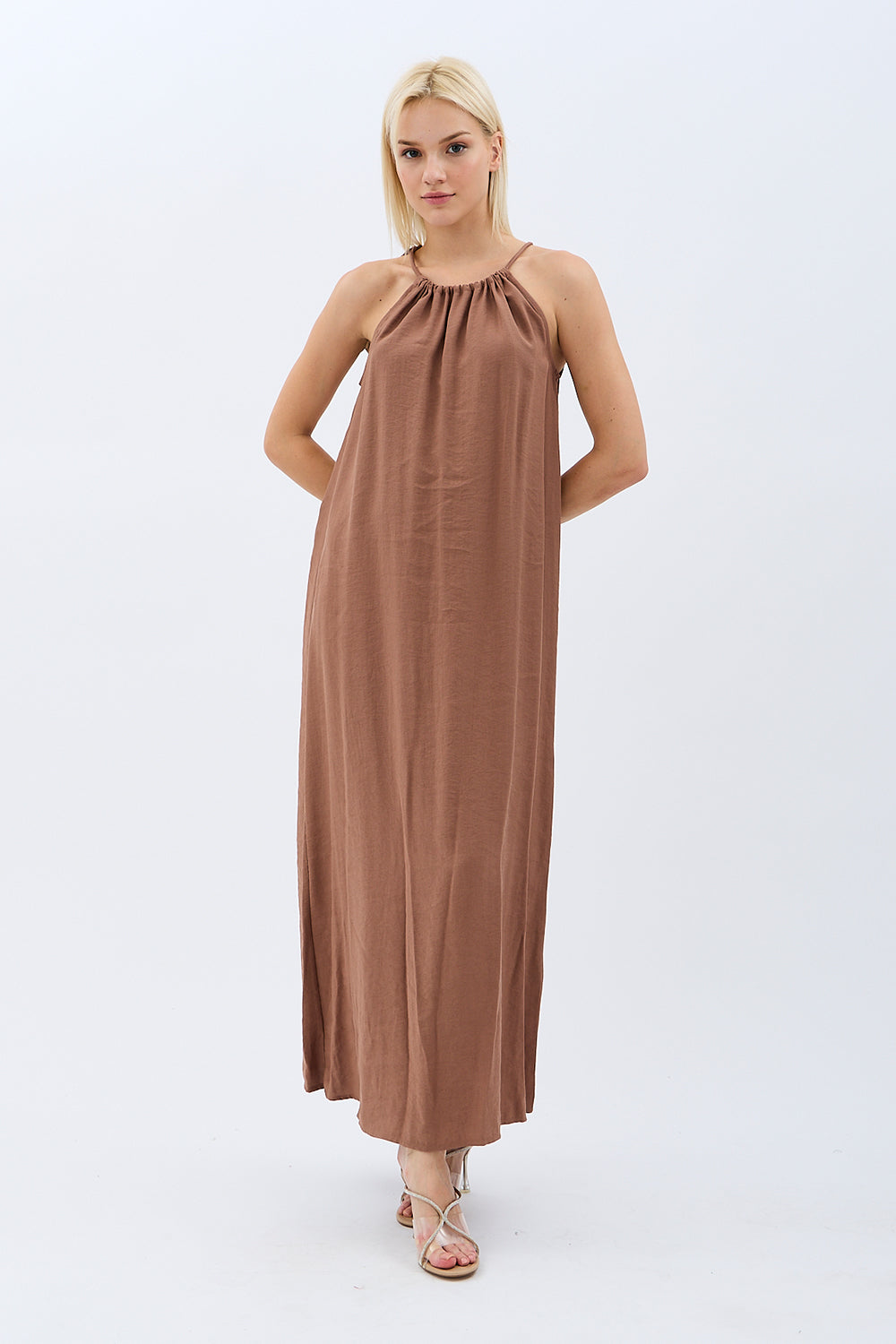 Diagonal-Boyundan Bağlamalı Maxi Elbise-Elbise-1-Milagron.com