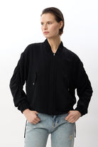 Diagonal-Büzgülü Kol Fermuarlı Bomber Ceket (Siyah)-CEKET-1-Milagron.com